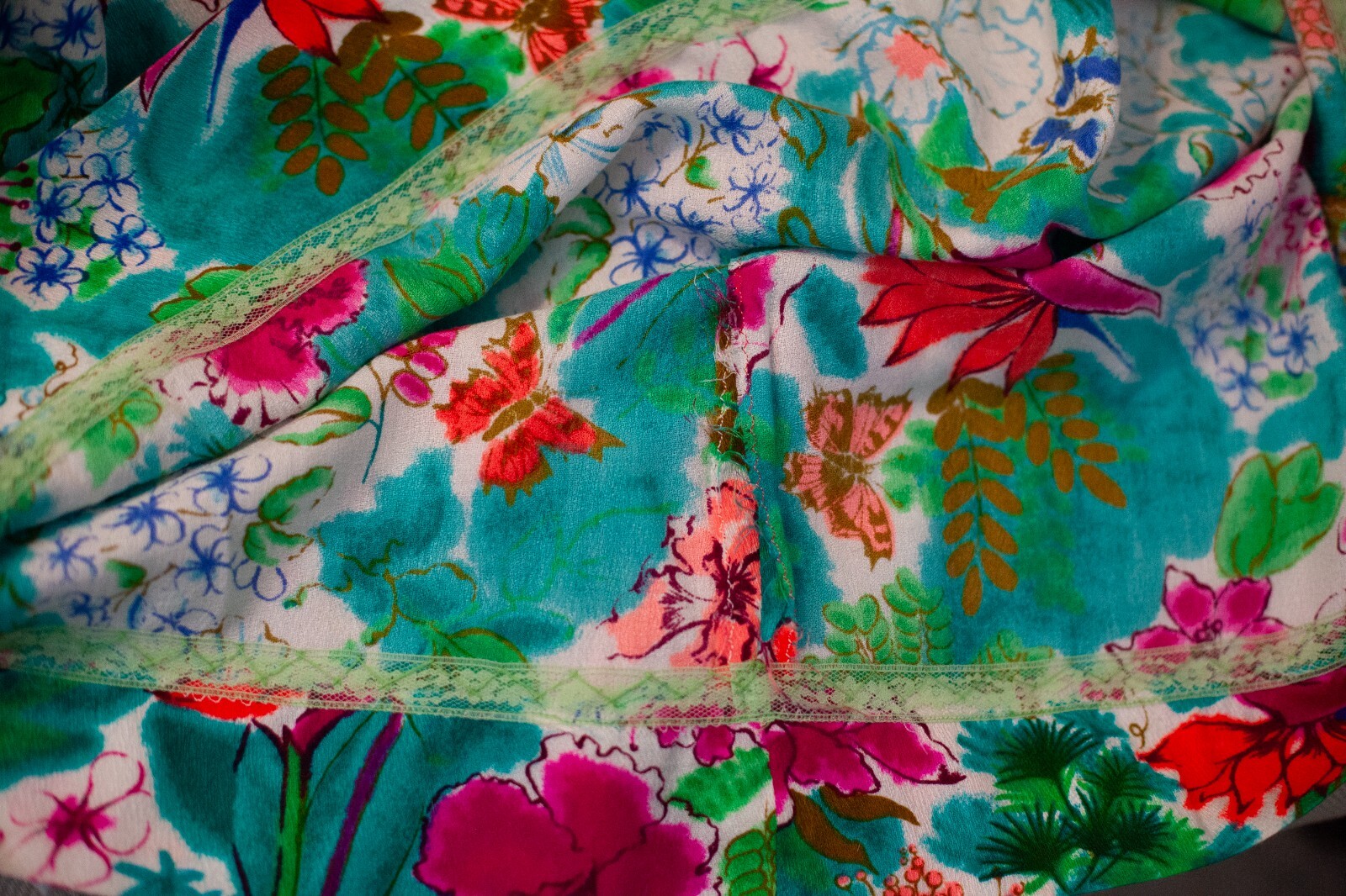 70s Vintage Hawaiian Tropical White Lotus Pink Green Floral Full Length Gown