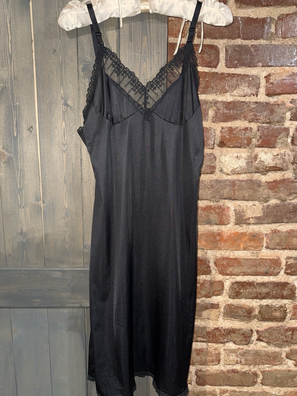 Vintage Bradley Black Full Slip Dress Antron III Nylon Lace Trim Union USA Sz 34