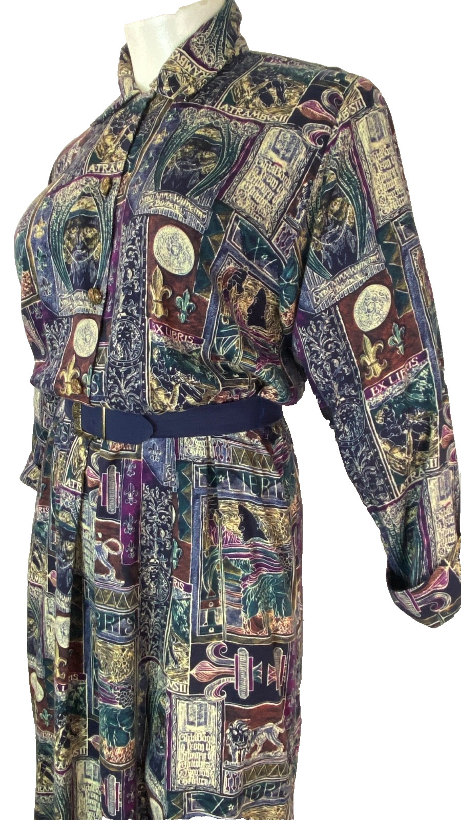 Vintage 1980s novelty print midi dress XL rayon long sleeve plus size purple