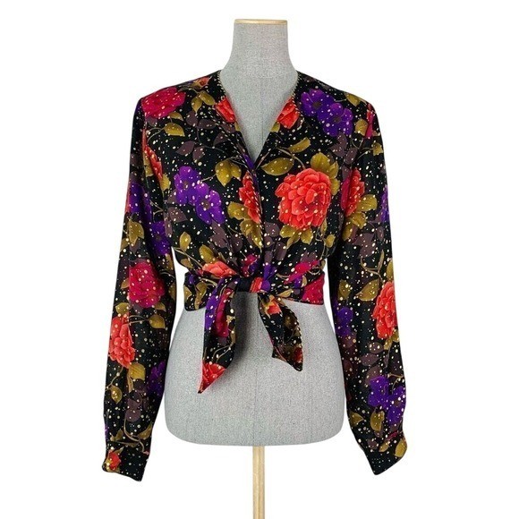 Vintage Shirt Women’s 8 Celestial Floral Metallic Gold Dot Corded Button Down