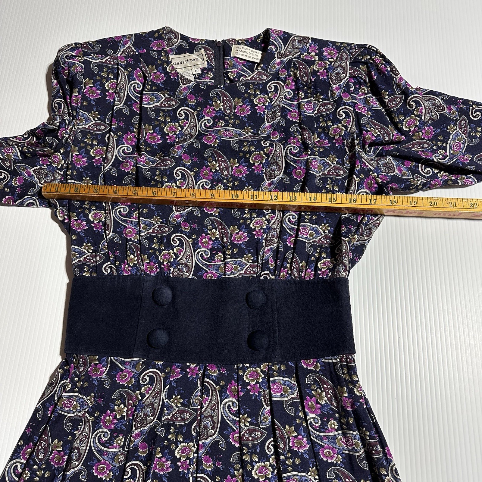 VTG 80s KARIN STEVENS Midi Dress Women’s Size 10 Paisley Print Pleated Modest