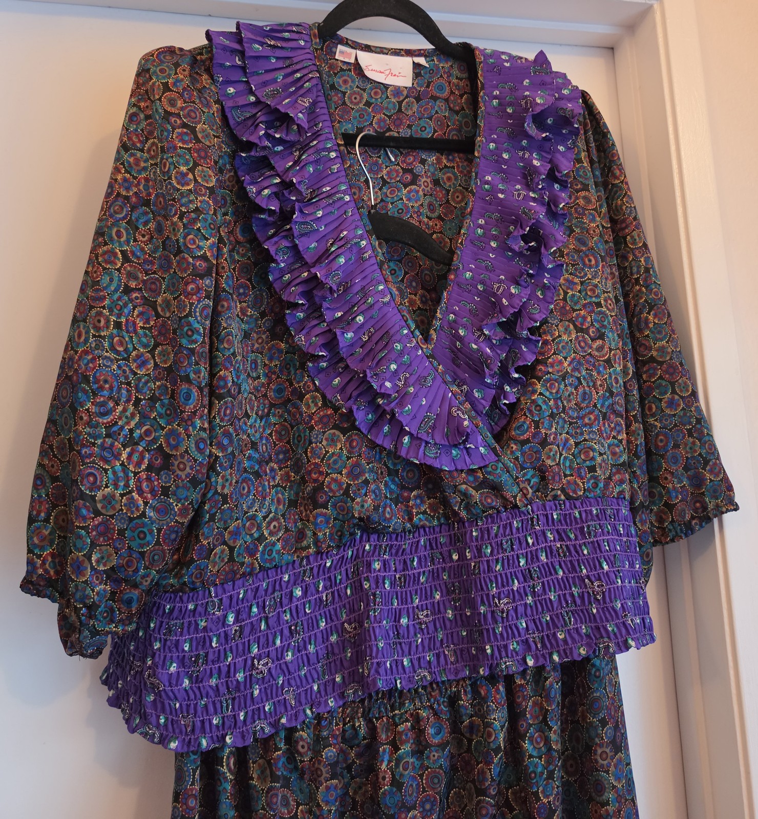 VTG 80s Susan Freis Women’s SET Top Skirt 11 Purple Floral Polka Dots USA Made