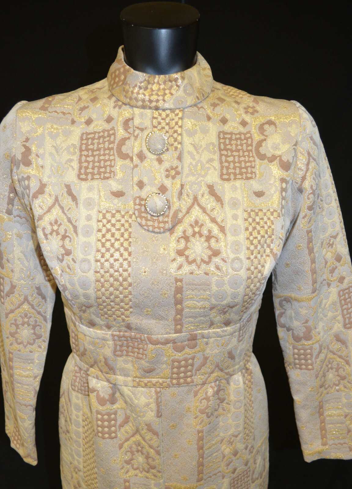 Richard Frontman Vintage 60s Beige Gold High Neck Cocktail Party Dress sz 5/6