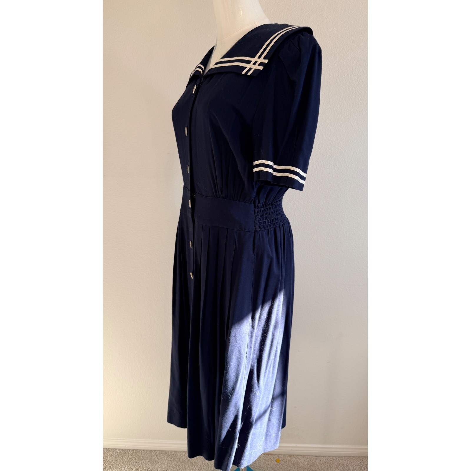 Navy Blue Sailor VTG Dress Crest Buttons 8P Nautical Rockabilly 80s does 40s