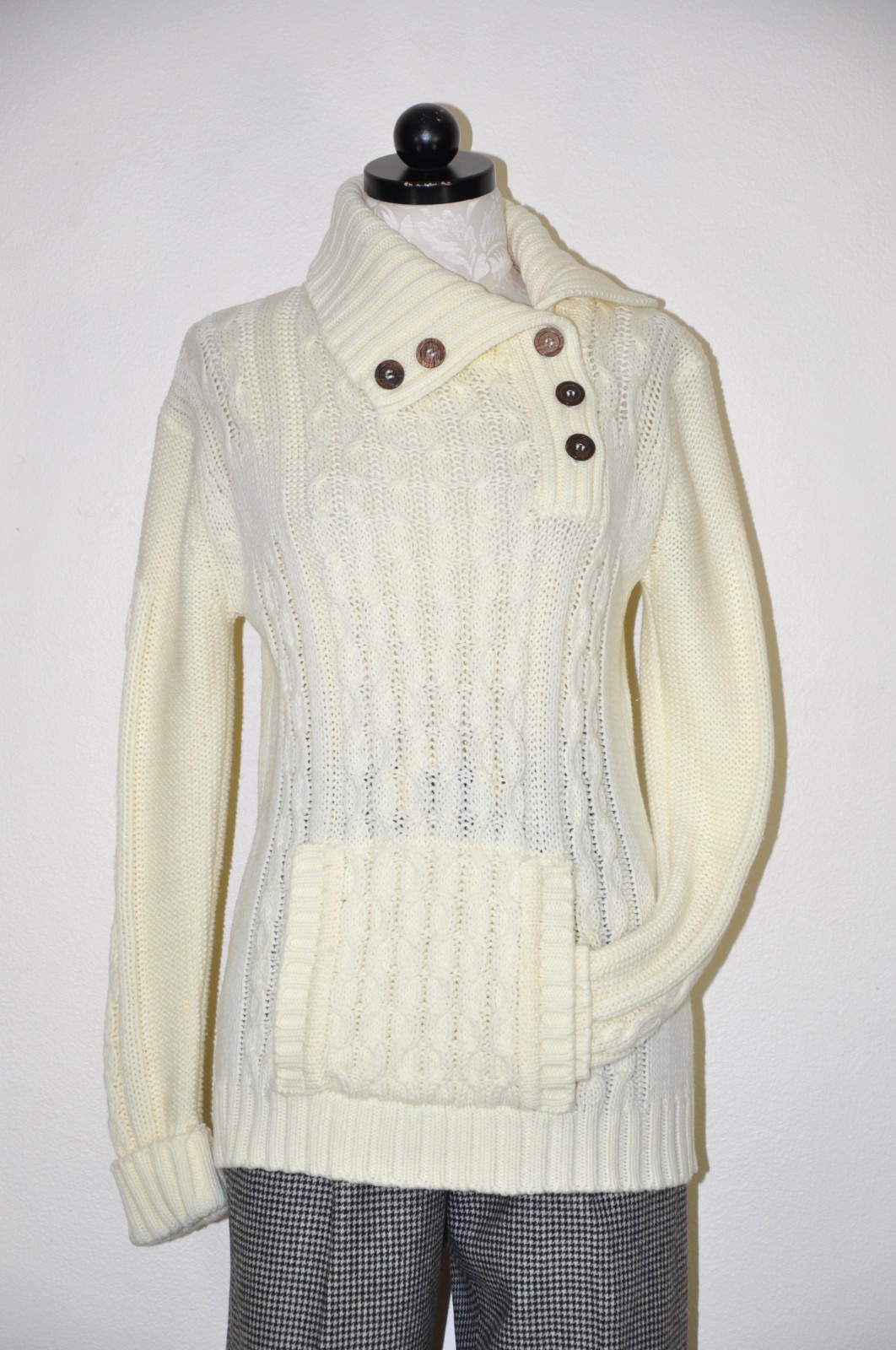 70s Vintage Cream Chunky Cable Knit Buttons Turtleneck Fisherman Sweater Women S