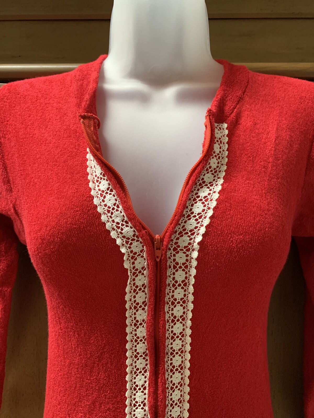 VTG Sears Women’s S 32/34 Red Zip Up Sexy 1 Piece Loungewear Stretch Terry Knit