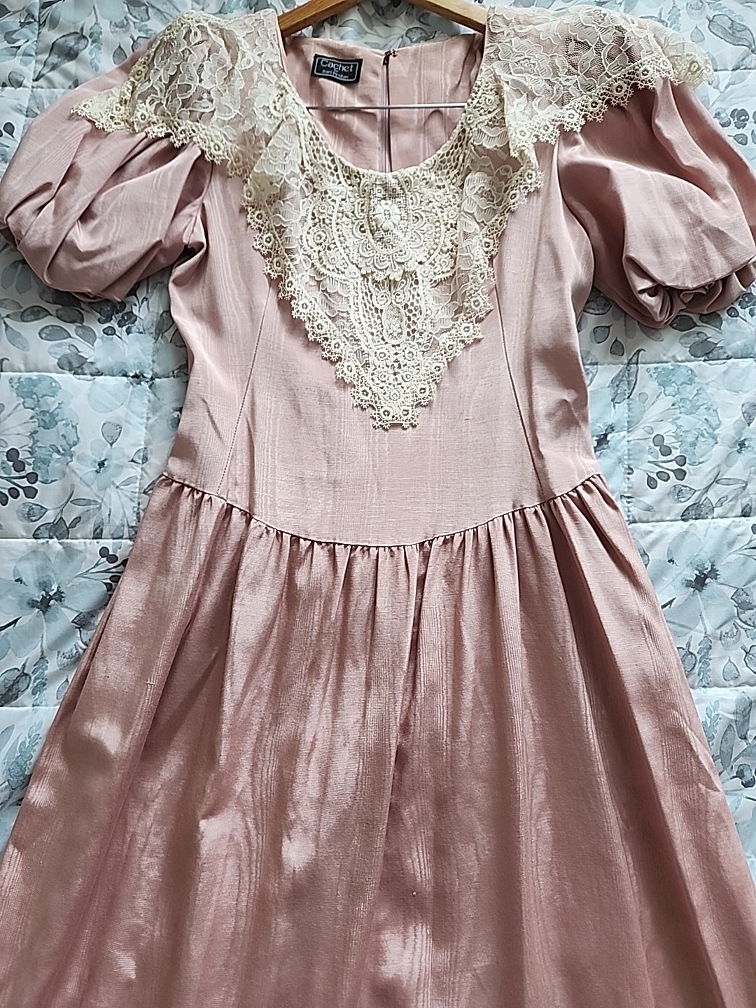 Vintage Cachet by Bari Protas Pink Puff Sleeve Lace Trim Dress PrairieCottagecor