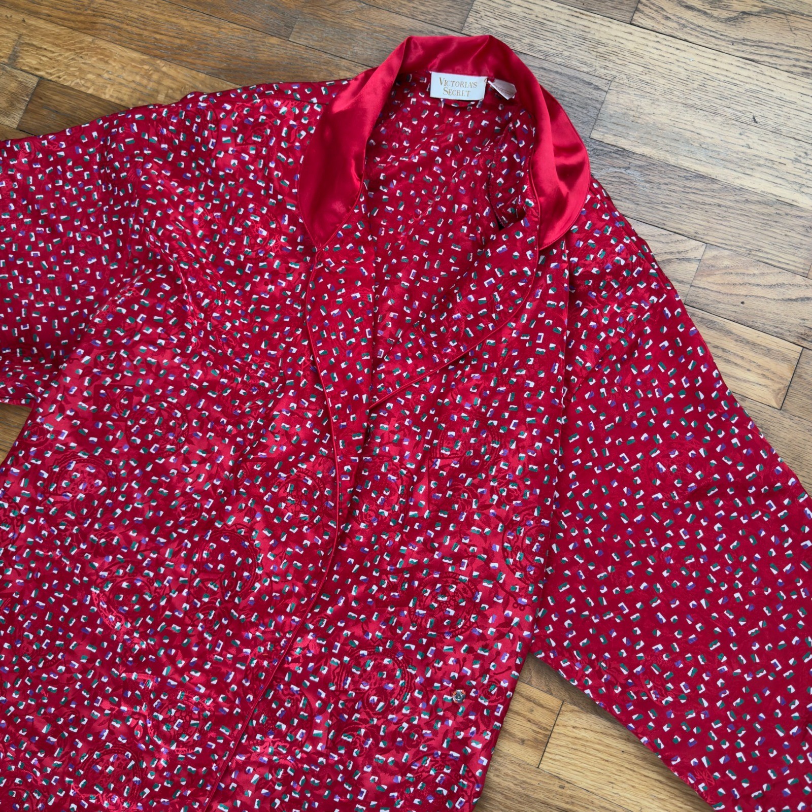 Vtg Victorias Secret Gold Label Red Satin Confetti Floral Robe M L Womens 90s