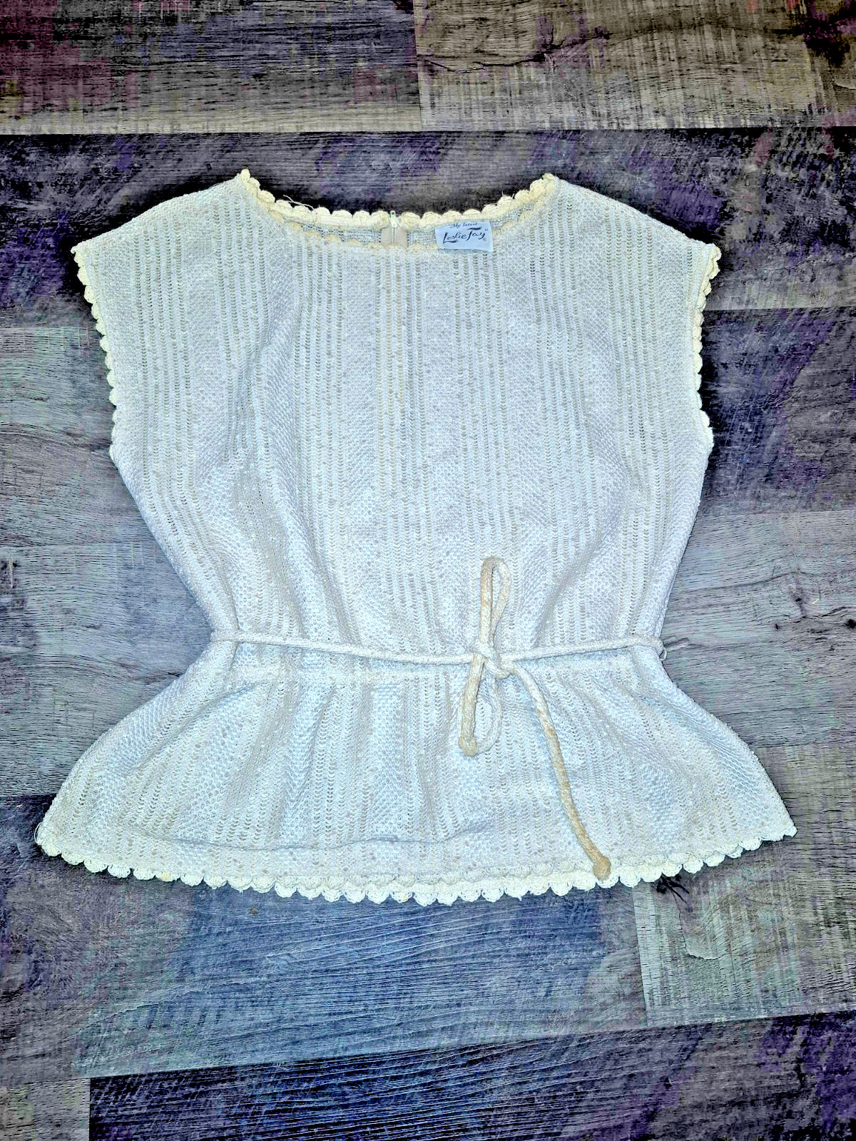 Vintage Leslie Fay My Latest 2-Piece Knit Set Cream Peplum Top Skirt 70s Boho