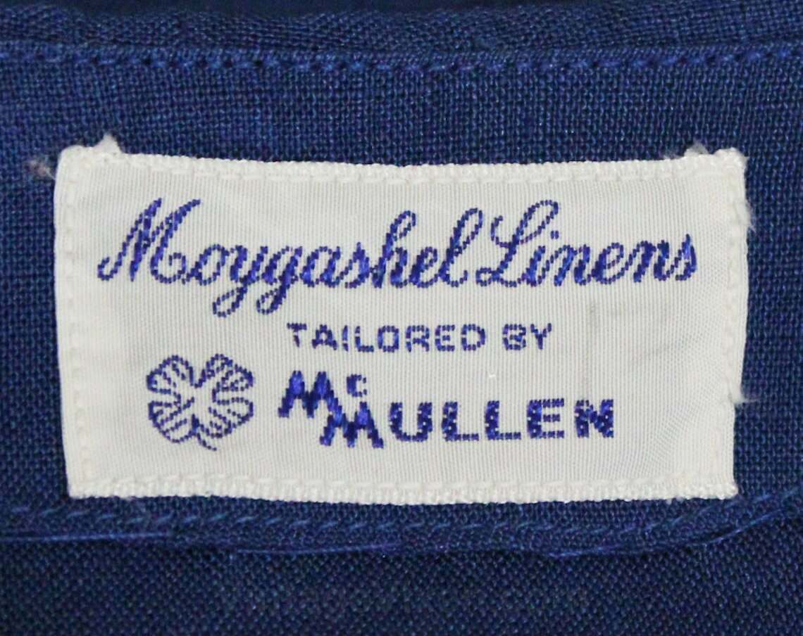 Size 6 McMullen Blouse 1950s Blue Linen Tailored Top Red Nautical Flags Shirt