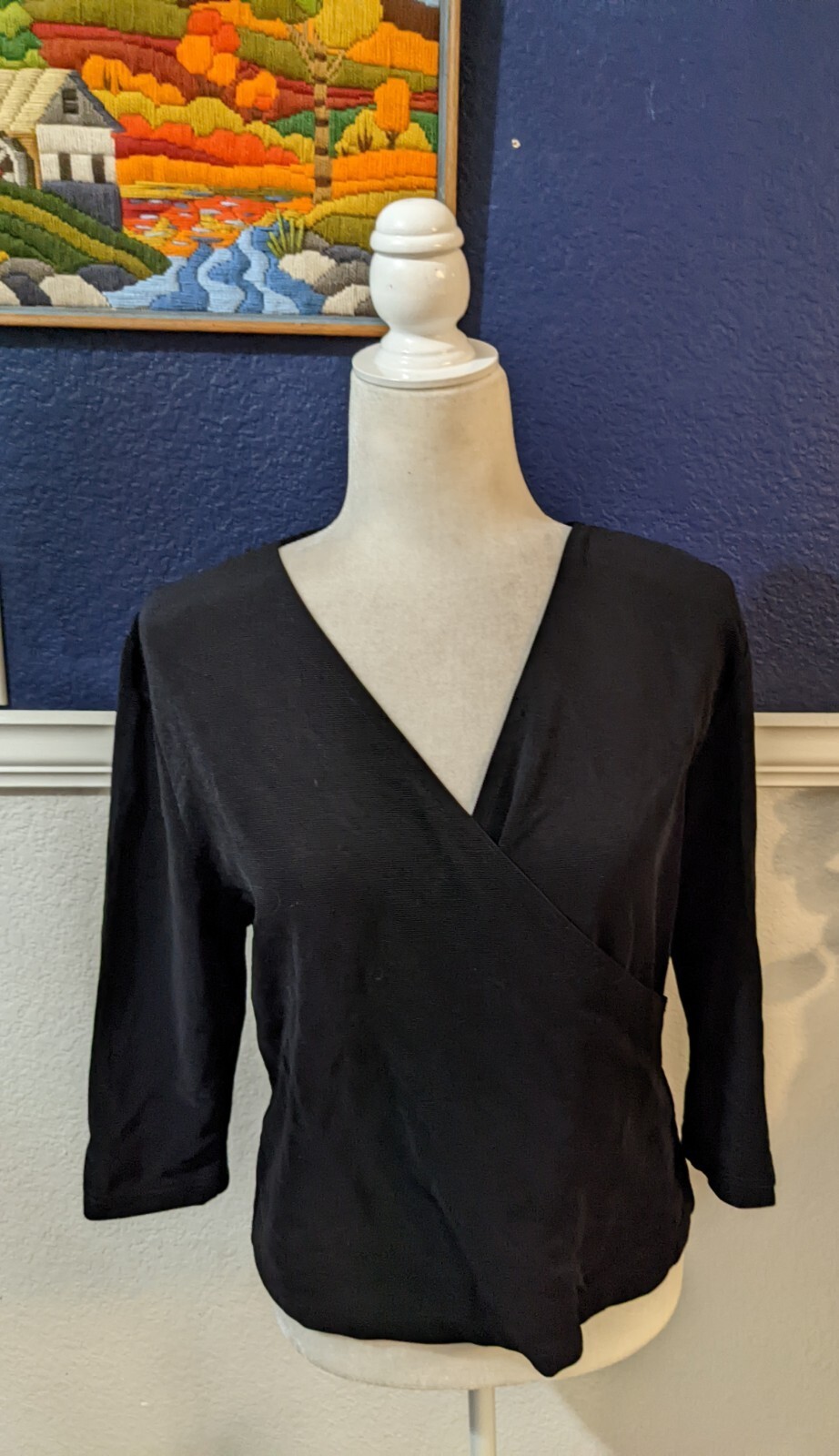 VTG Claudia D Black Wrap V-Neck Pullover V-Neck Top Blouse Sz Medium M