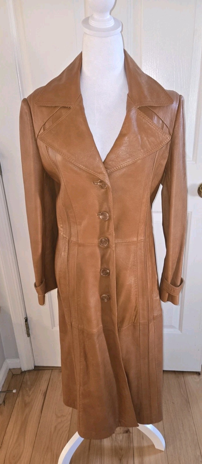 Vtg. 70s Imperial Camel Brown 100% Leather Long Trench Dress Coat Size 10 Mod