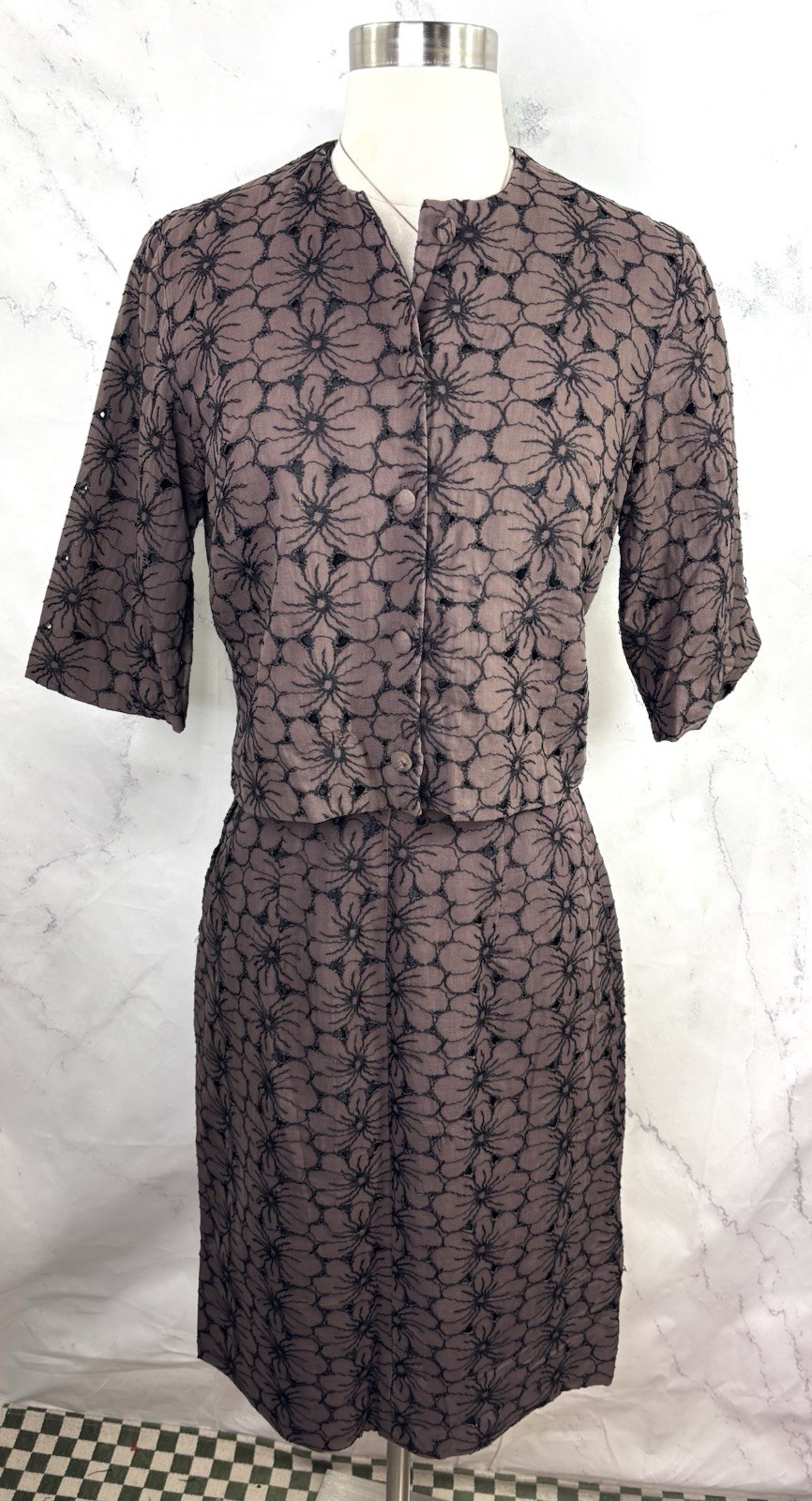 VTG 50s Union Label Floral Skirt Suit Set Brown Black MCM Wiggle Mad Max S 1950s