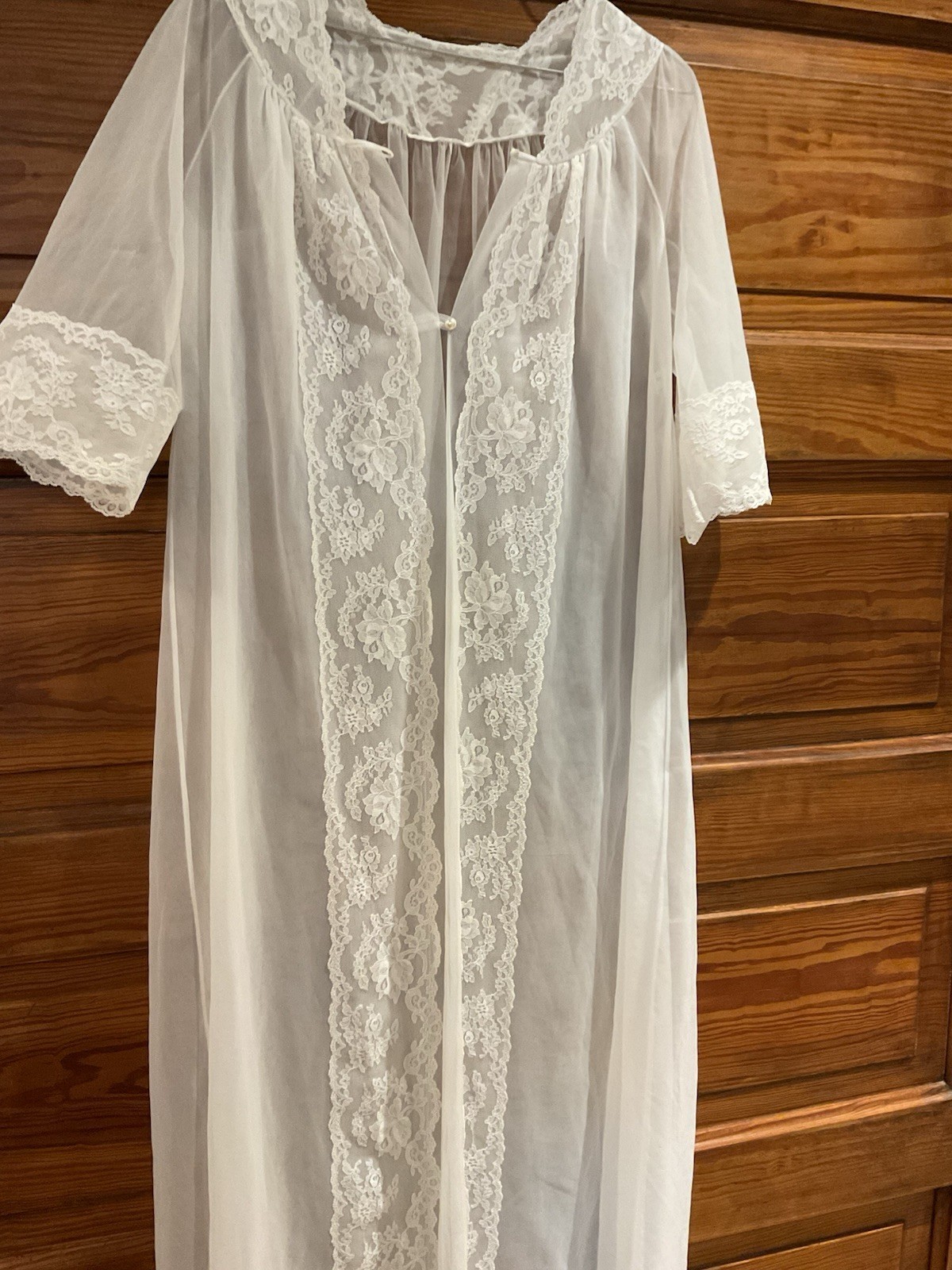 Vintage Shadowline White Sheer Nylon Chiffon Lace Long Robe USA Petite P