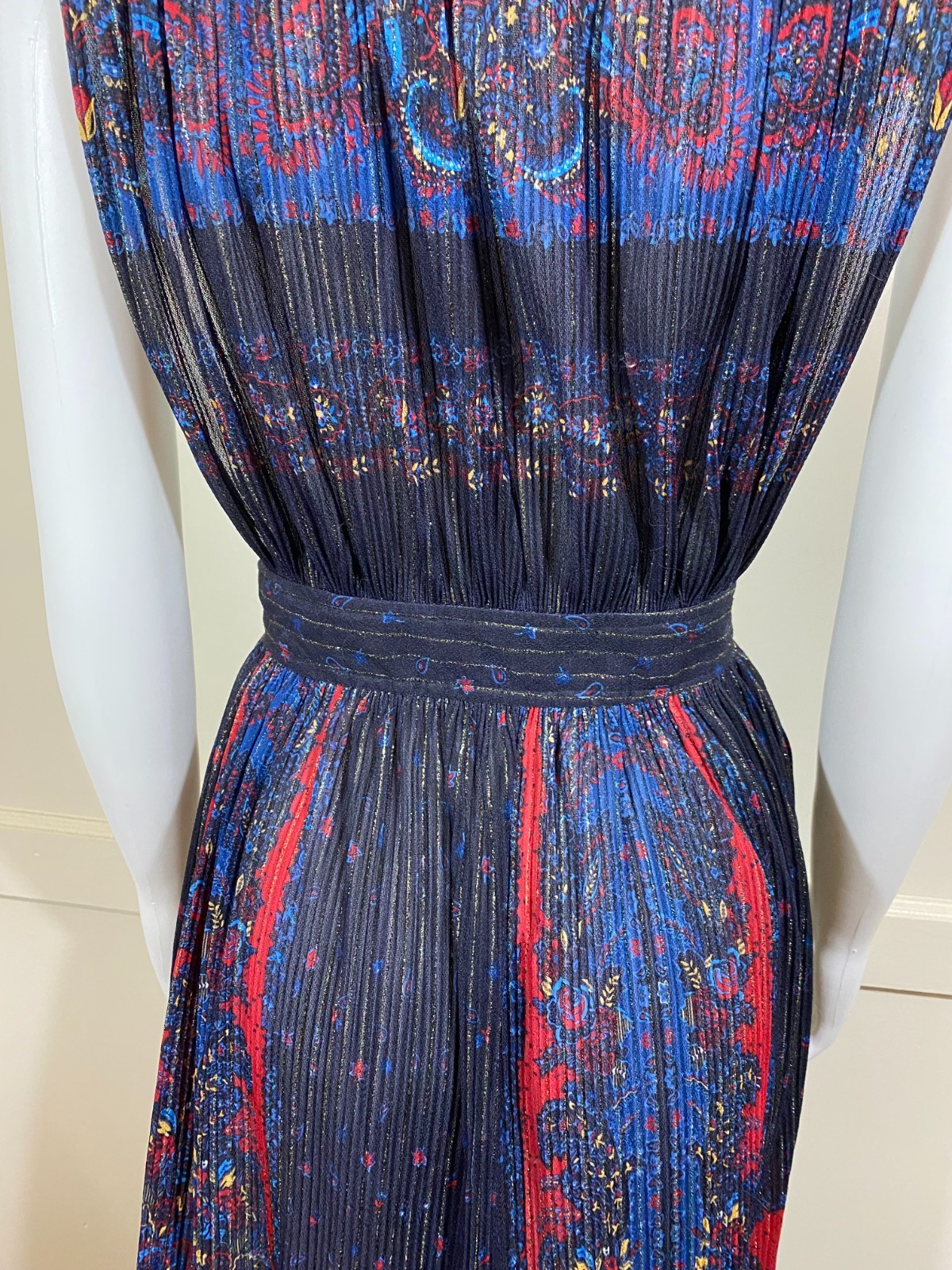 Stunning Vintage 1970s Sheer Metallic Paisley Plunging V Midi Dress Tunic, Small