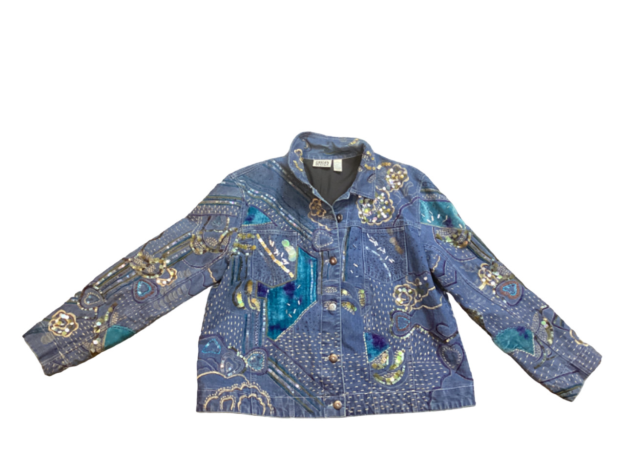 Chico’s Designs Denim Jacket Womens 3 Sequins Embroidery Beaded Boho 80’s Vtg