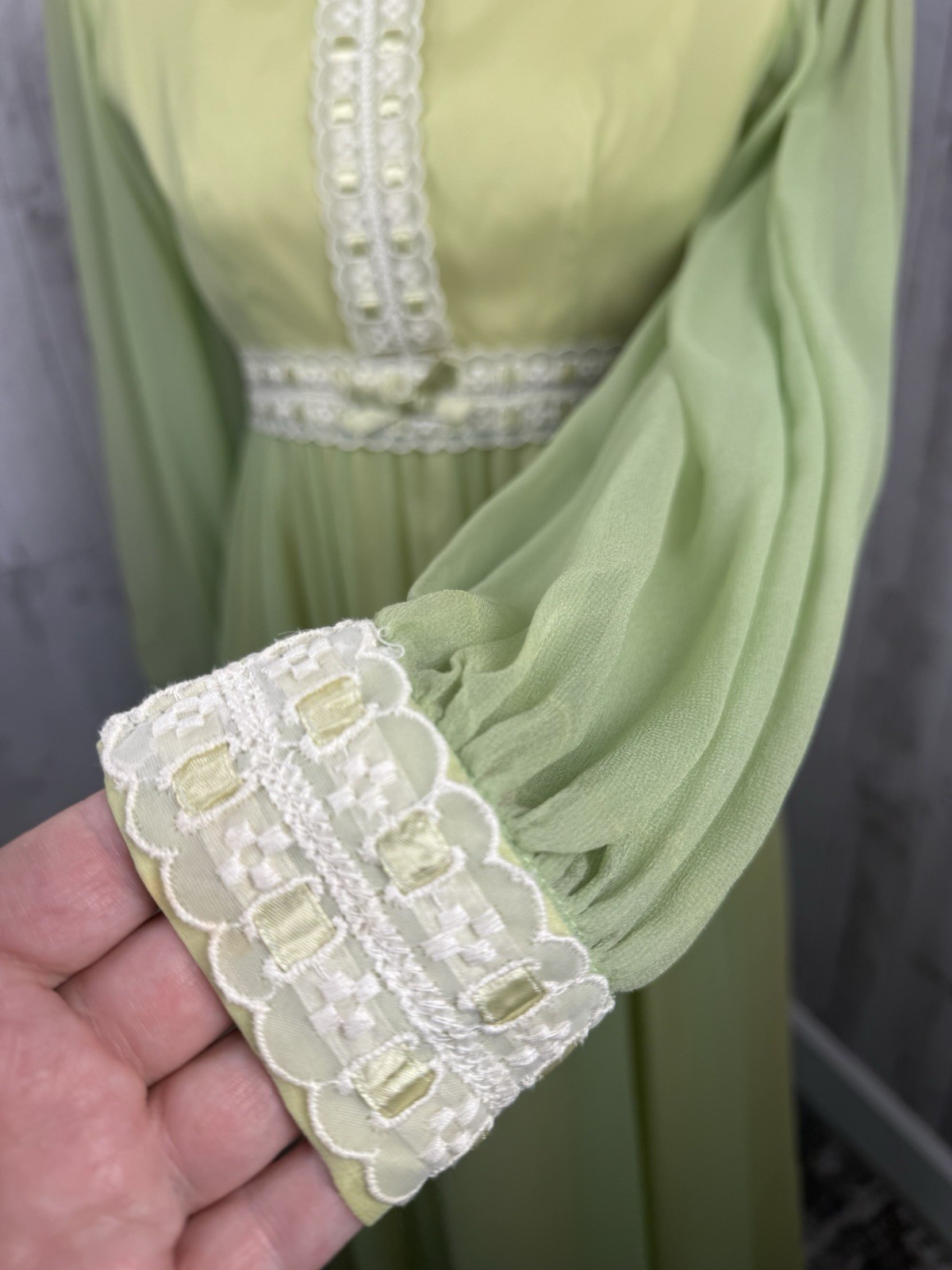 Vintage 70s Lorrie Deb Silk Chiffon Overlay Gown ~ Green Wedding Prom Maxi S/2