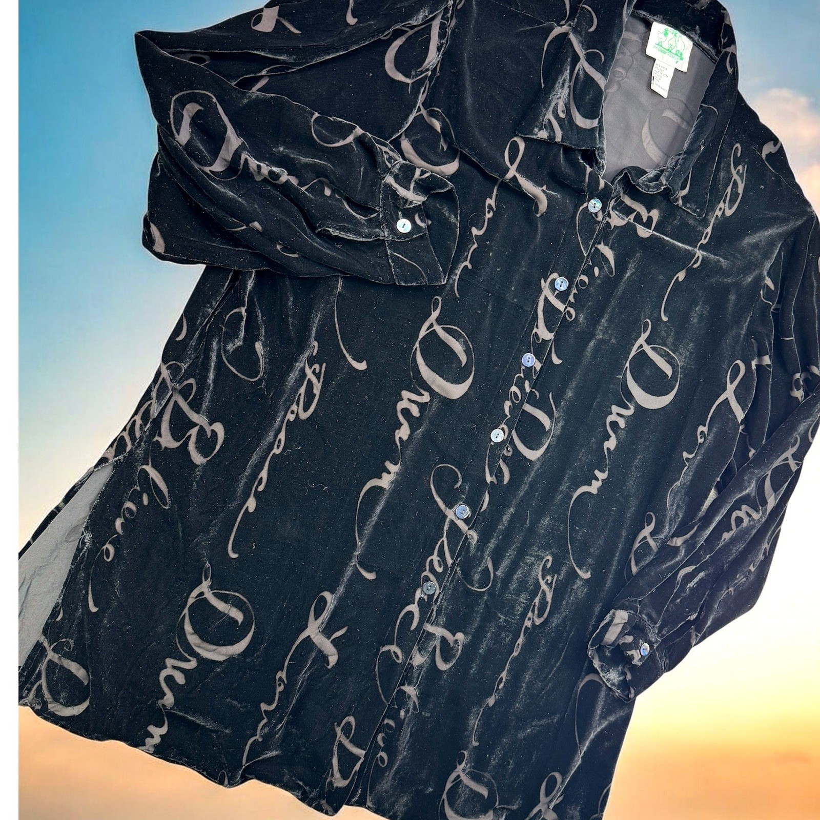 Vintage The Quacker Factory Shirt Women 2X Velvet Rayon Silk Dream Text Blouse
