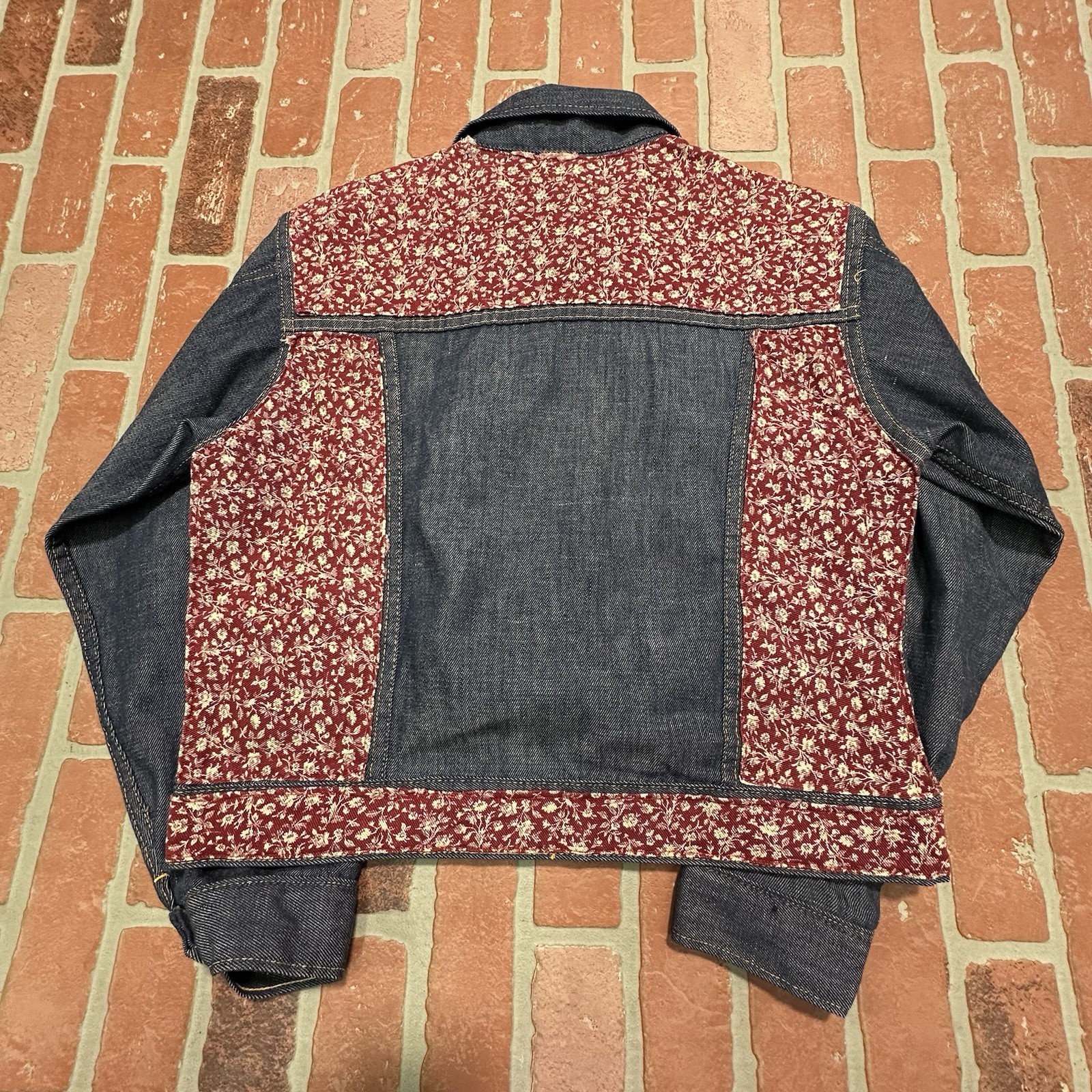 VTG DENIM CUSTOM JACKET FLORAL PATTERN INDIGO DARK BLUE WMNS M PATCHWORK H1