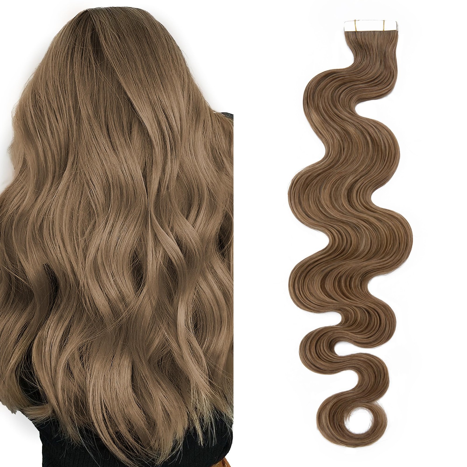 SEGO Wavy Tape In Hair Extensions Human Hair 20pcs 50g 18 Inch Light Brown Remy