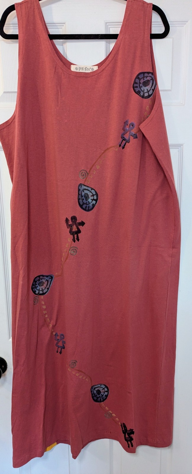 Vintage Blue Fish Hand-Printed Cotton „Size 2x” Tank Dress – Artist Signed