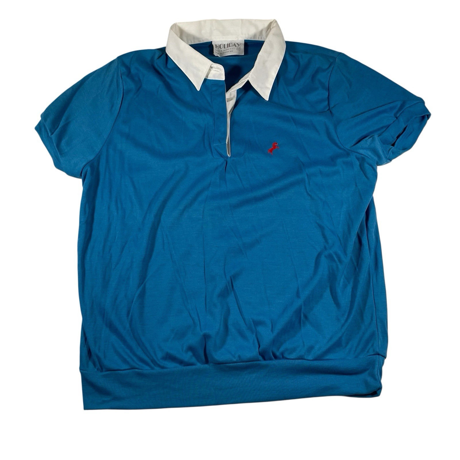 Vtg 70s Holiday Brand Womens Polo Shirt M Horse Graphic Logo Sears Sportswear