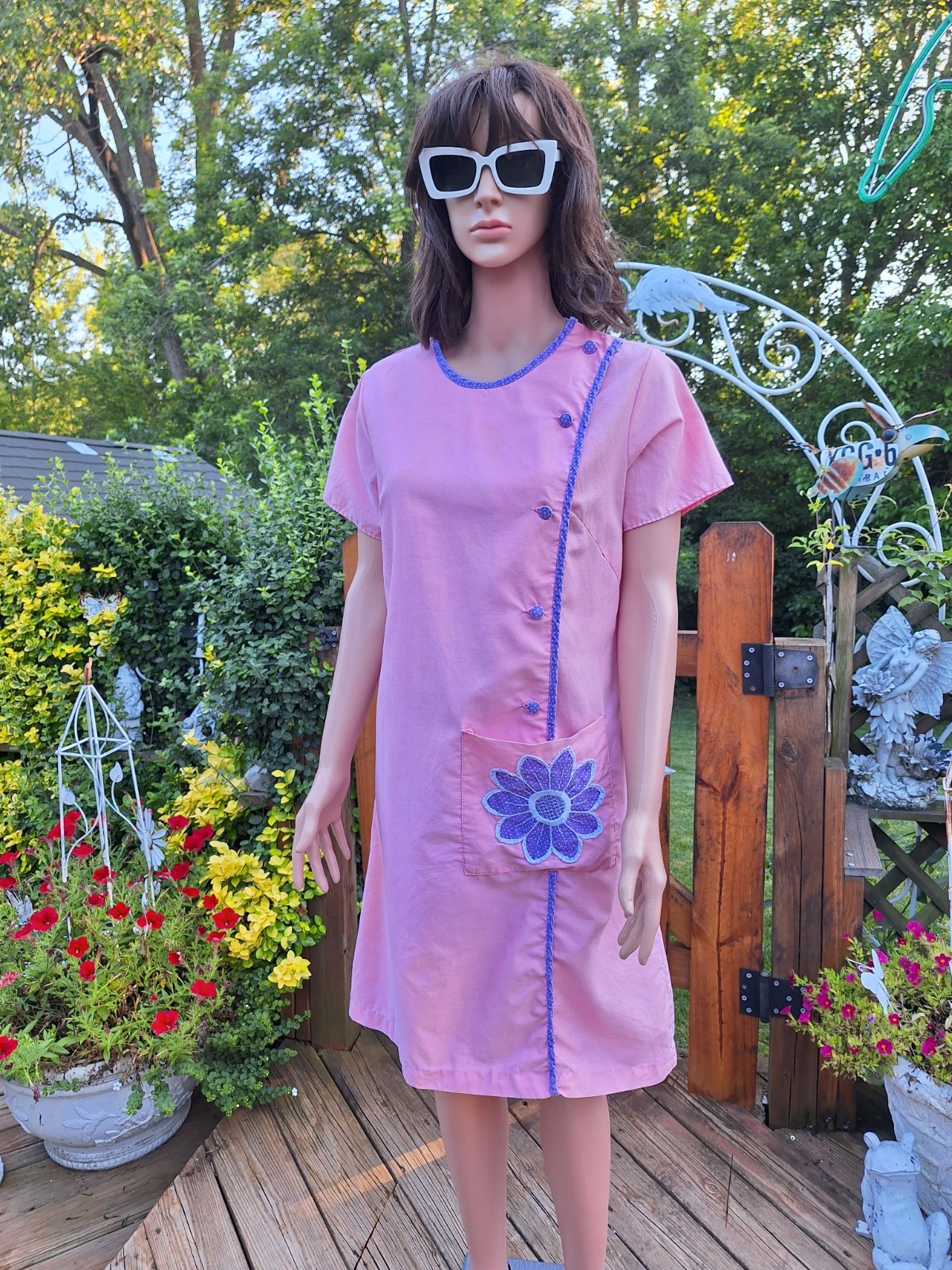 True VTG Mid-century Mod 1960s Flower Power Pink House Dress Loungewear M / L