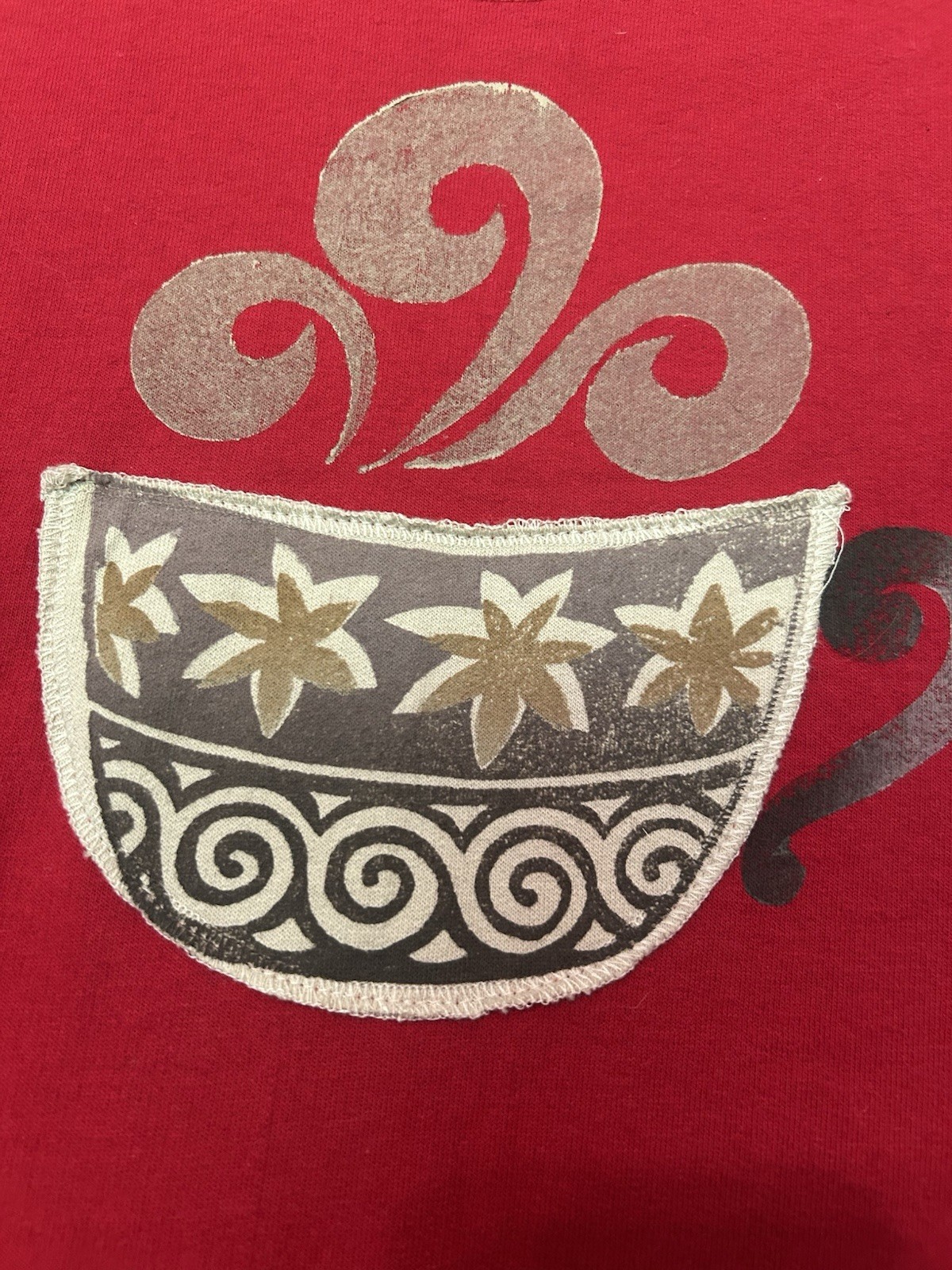 Vtg 1990s Mittu’s Red Sz Large Dress Coffee Cup Embroidered Cotton Maxi Sheath
