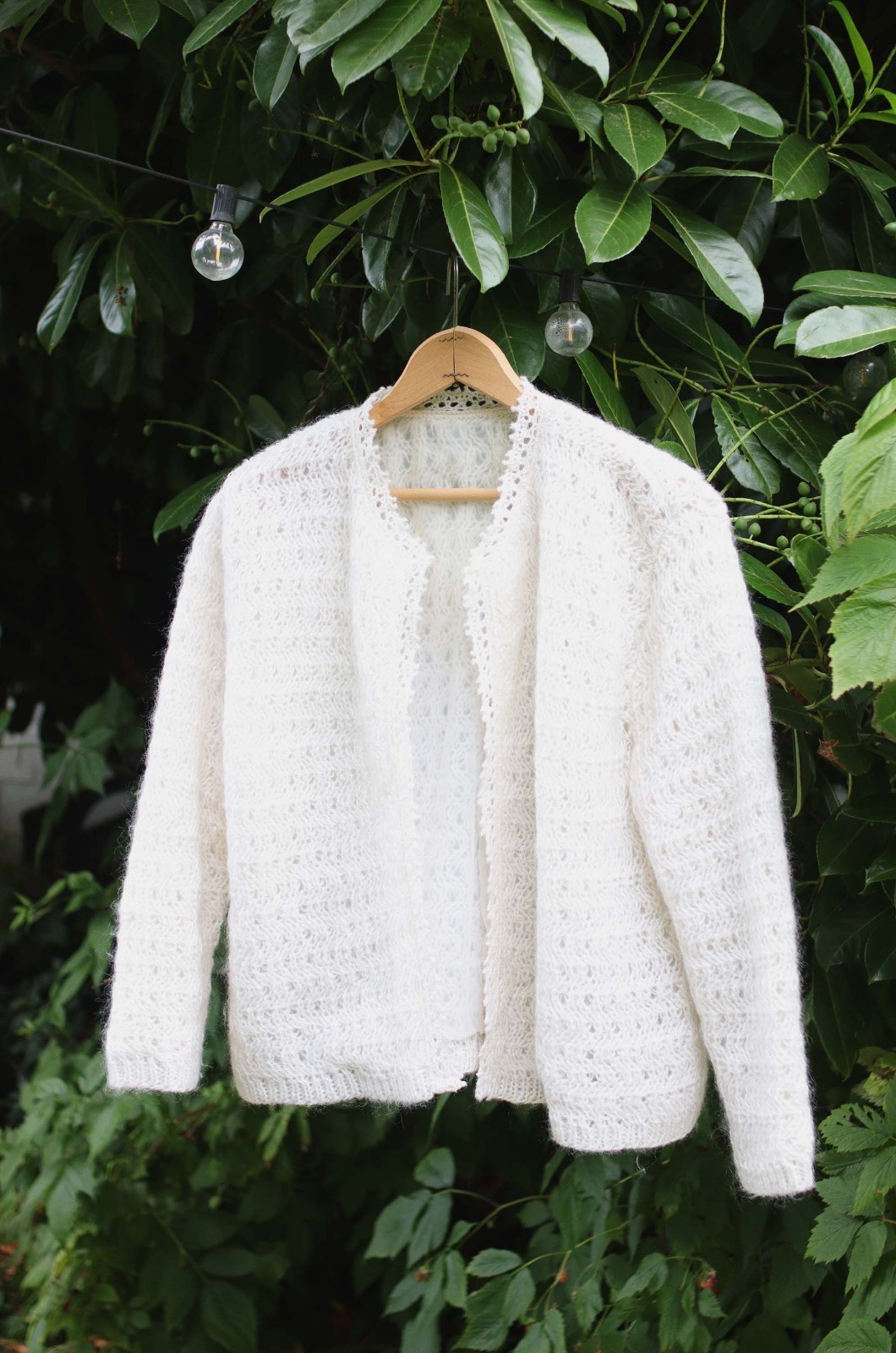 Vintage Ivory Mohair Blend Crochet Open Lace Cardigan Sweater Chiffon Lined