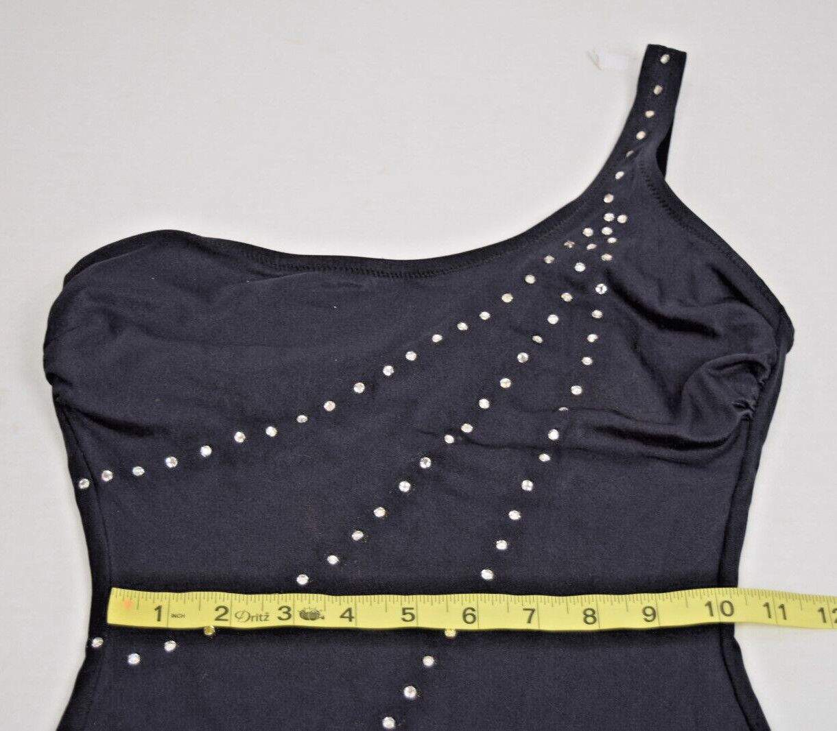 Vintage Swimsuit DeWeese Size 10/32 S/M 60s Black Rhinestone Stripes 1 Shoulder