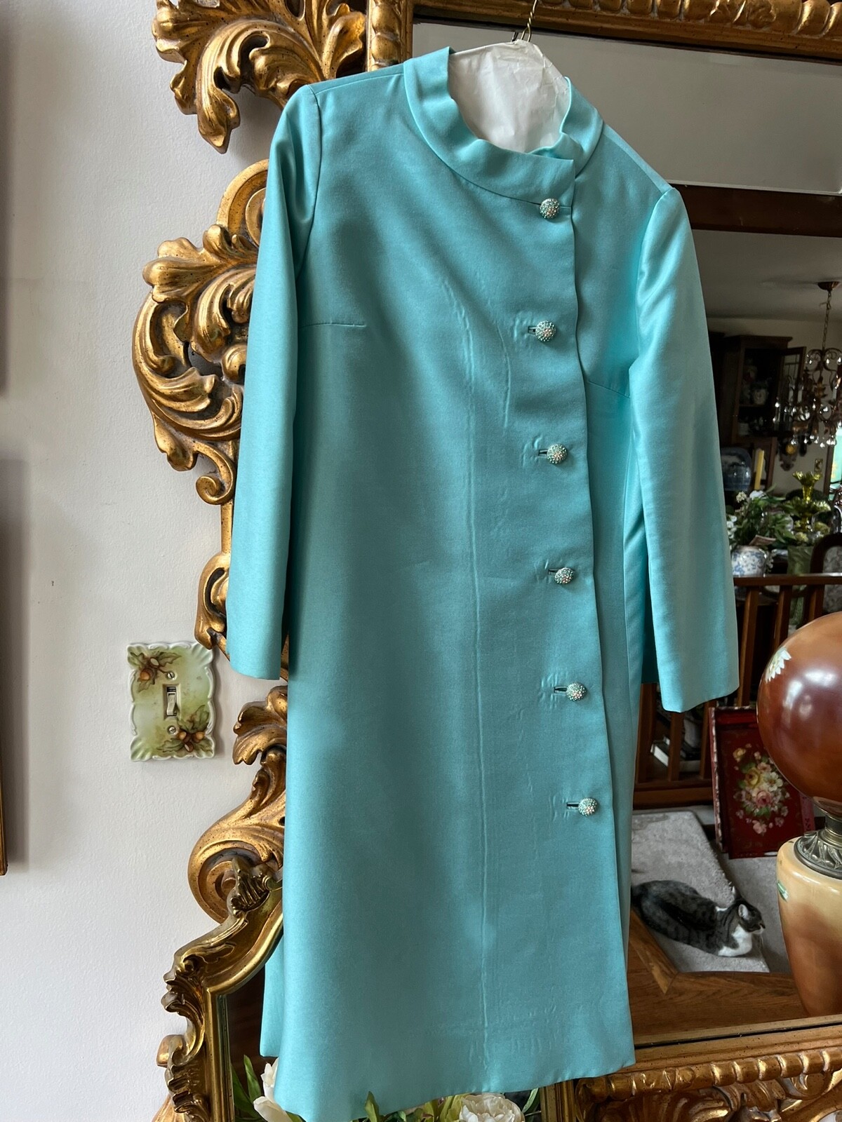 Vintage 60’s Womens Coat Dress Jackie O Turquoise Teal Carlyle sz 12 Beautiful