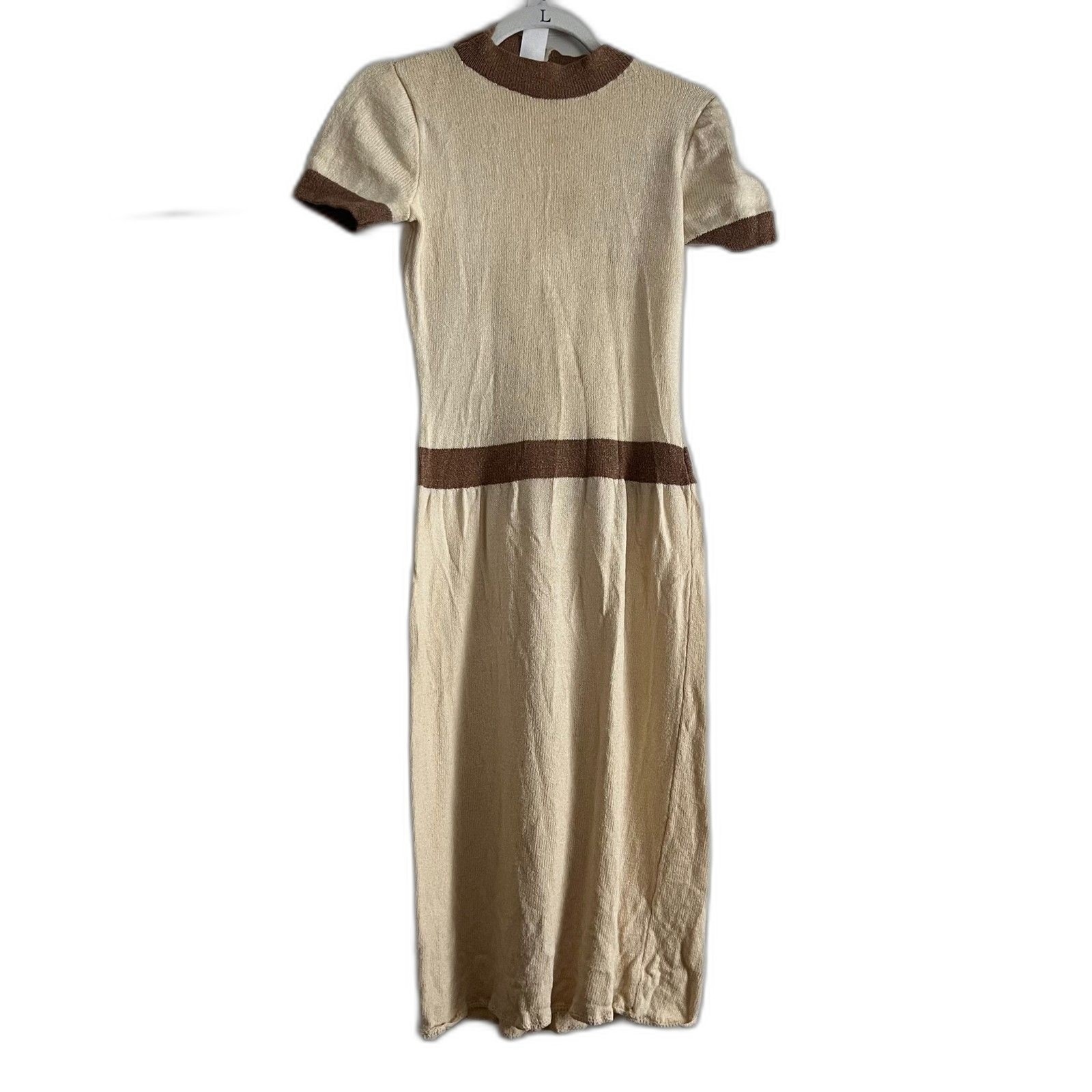 Vtg 1970s Pat Sandler Knit Set – dress & cardigan cream brown gold buttons S/M
