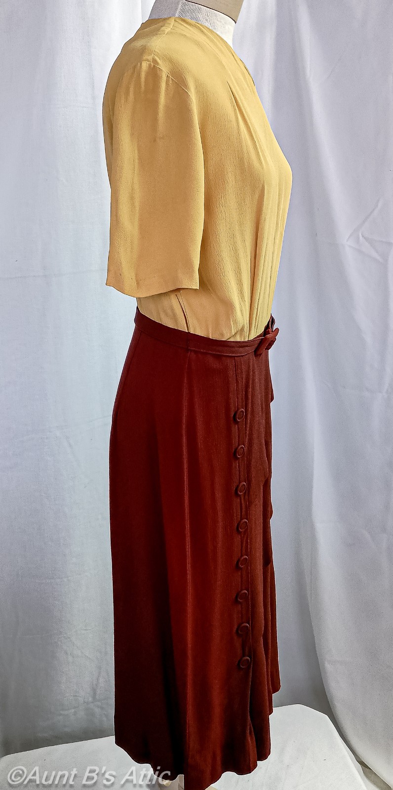 Vintage 40’s Demi Dell Originals 3Pc Br/Gold Rayon Crepe Dress Jacket & Belt LG