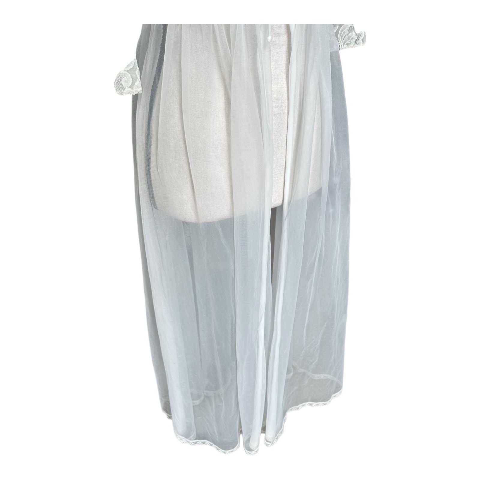 VTG 70s White Lace Sheer Robe Peignoir 3/4 Bell Sleeve Romantic Bridal Med