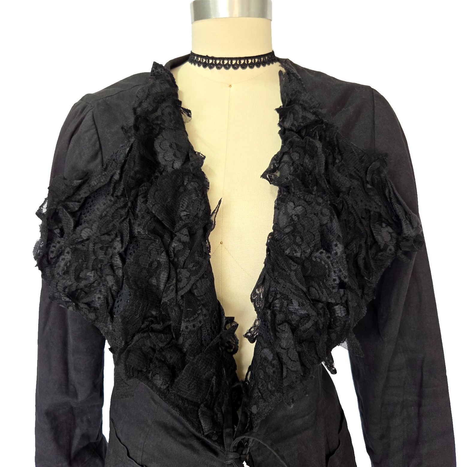 Vintage 90s Y2K Black Gothic Lace Jacket Size M Tie Front Witchy Mix Nouveau
