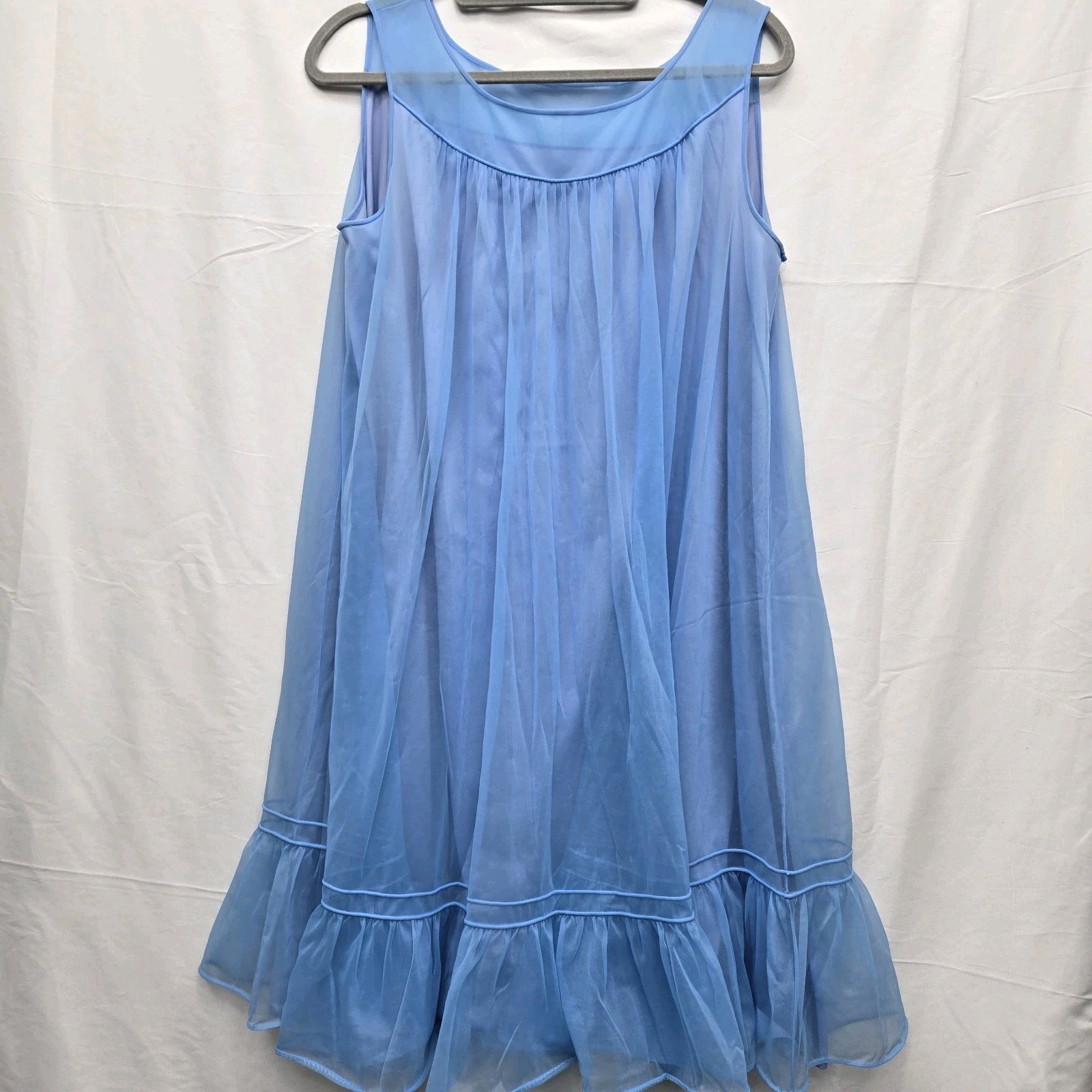Vintage 1960s Blue Chiffon Babydoll Nightgown Sheer Ruffle Lingerie Dress Size L