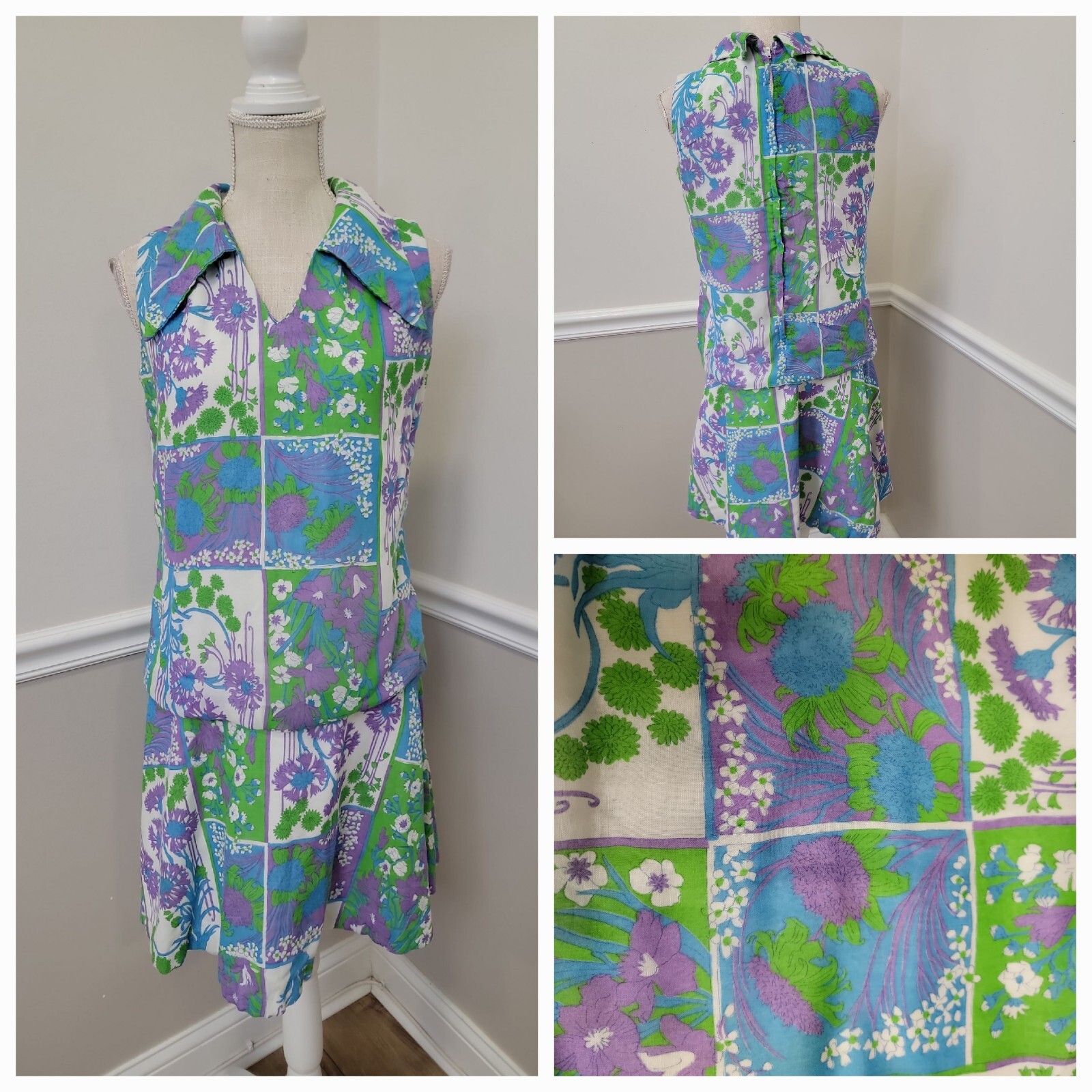 VTG ILGWU Psychedelic Green And Purple Floral Hippie Mod Gogo Retro Dress