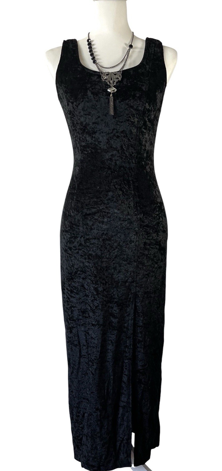 Vintage 90s Contempo Casuals Black Crushed Velvet Maxi Dress USA Size 3 Goth
