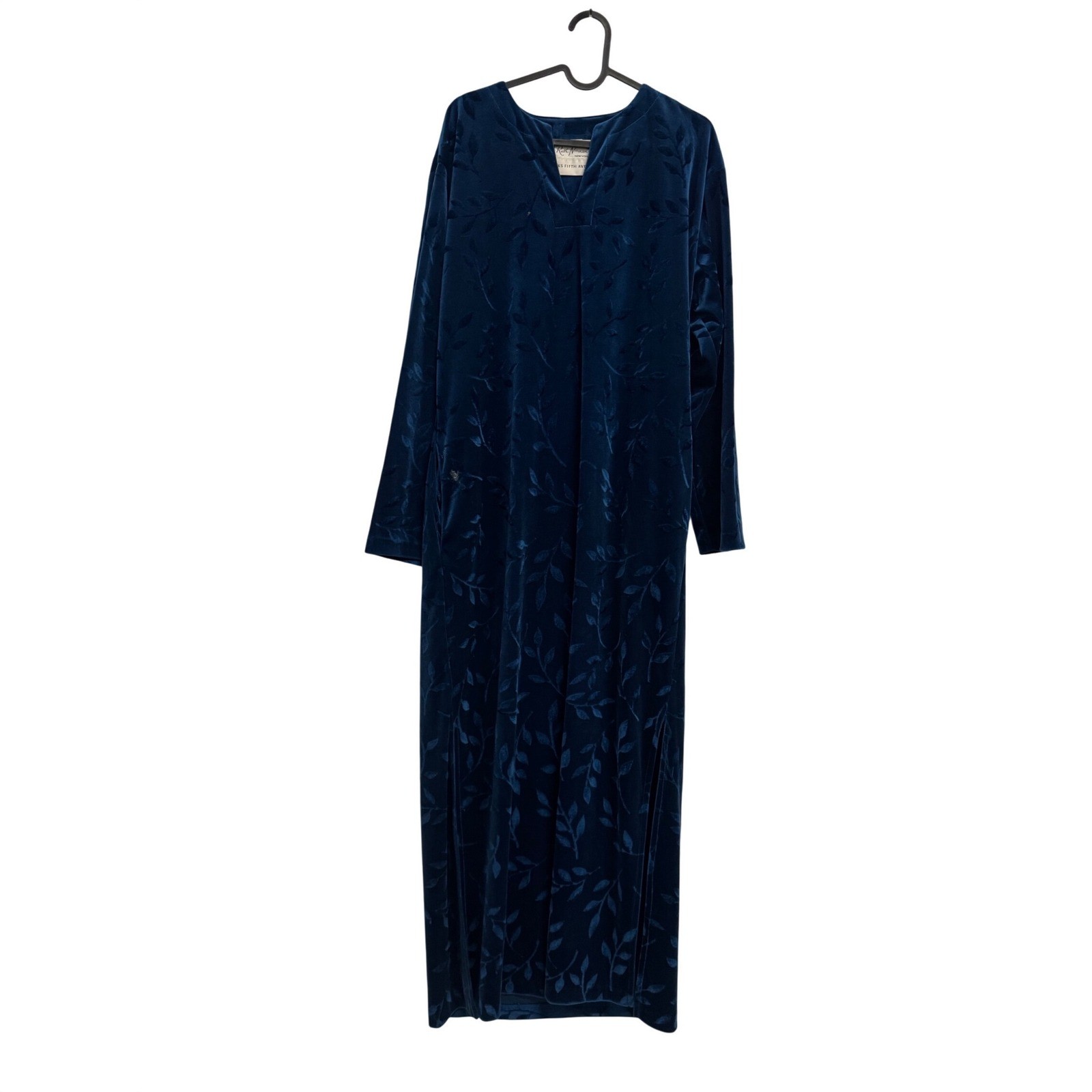Ruth Norman Saks Fifth Avenue Vintage Navy Blue Velvet Leaf Maxi Dress Caftan