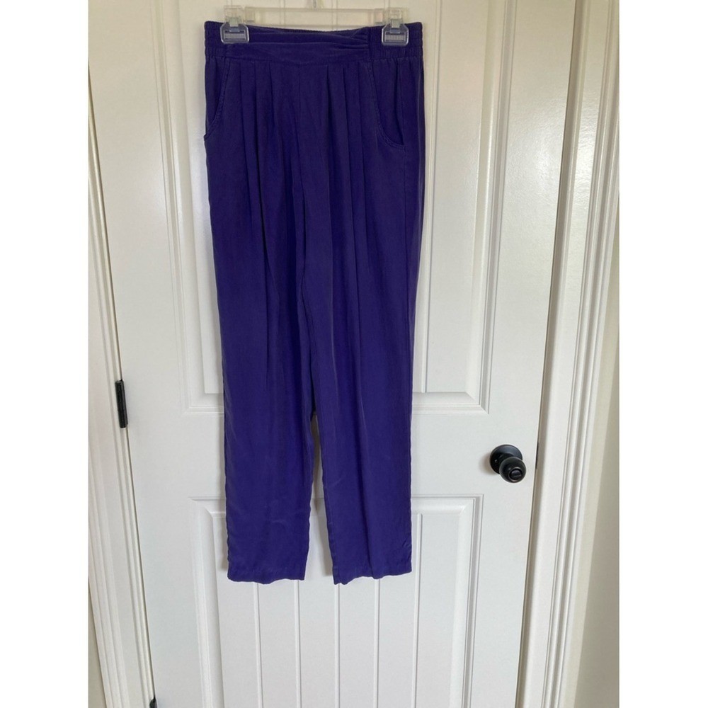 Vtg Carole Little Purple Three Piece Silk Pants Jacket Top Set Size 8P 80s