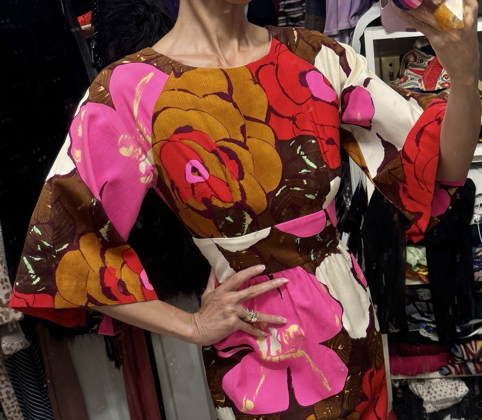 Vtg Kahala Hawaii Broadcloth Fit Flare Kimono Sleeve 3/4 Princess Dress Pop Art