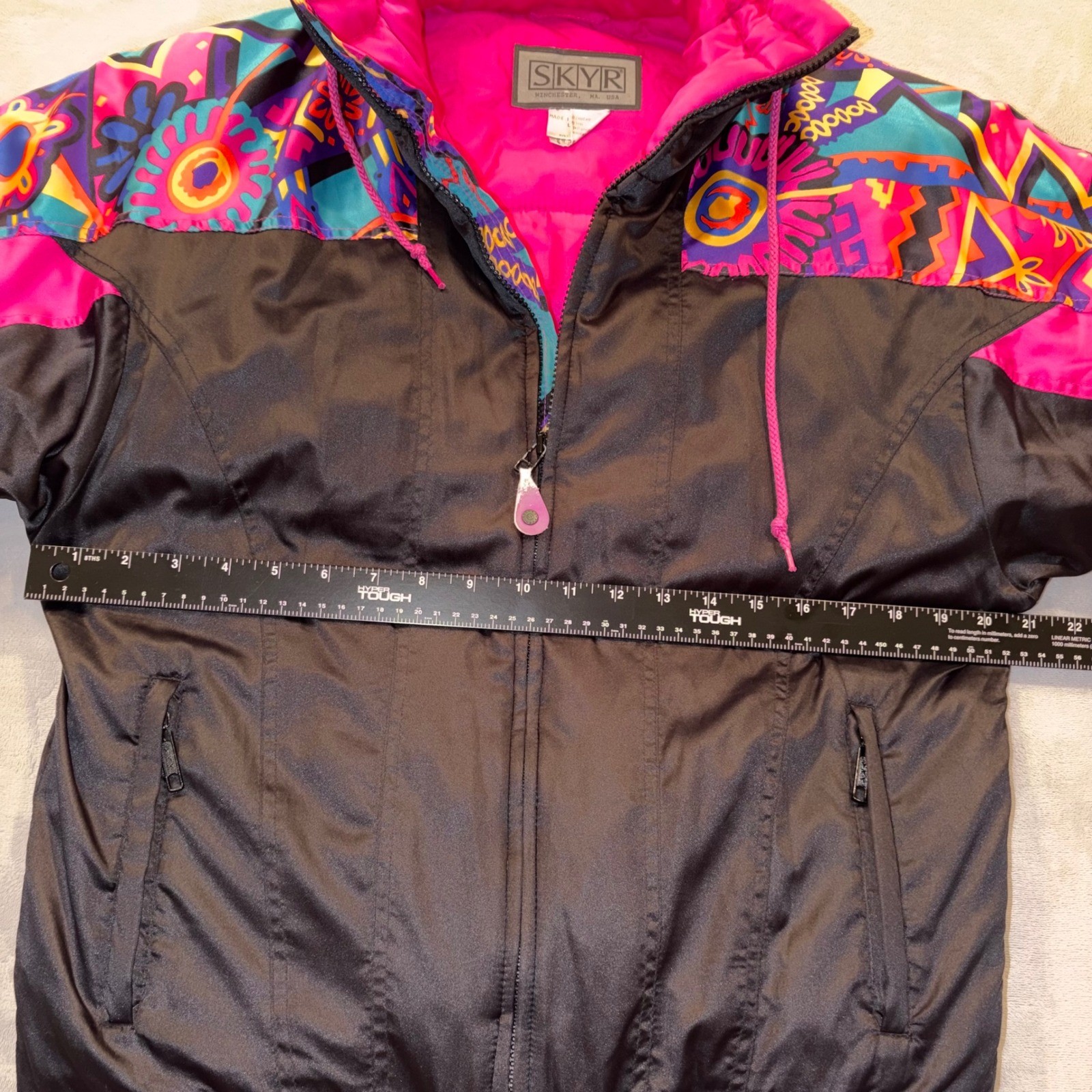 Vintage Skyr Ski Jacket Womens 8 Black Neon Pink Geometric 80s Windbreaker Retro