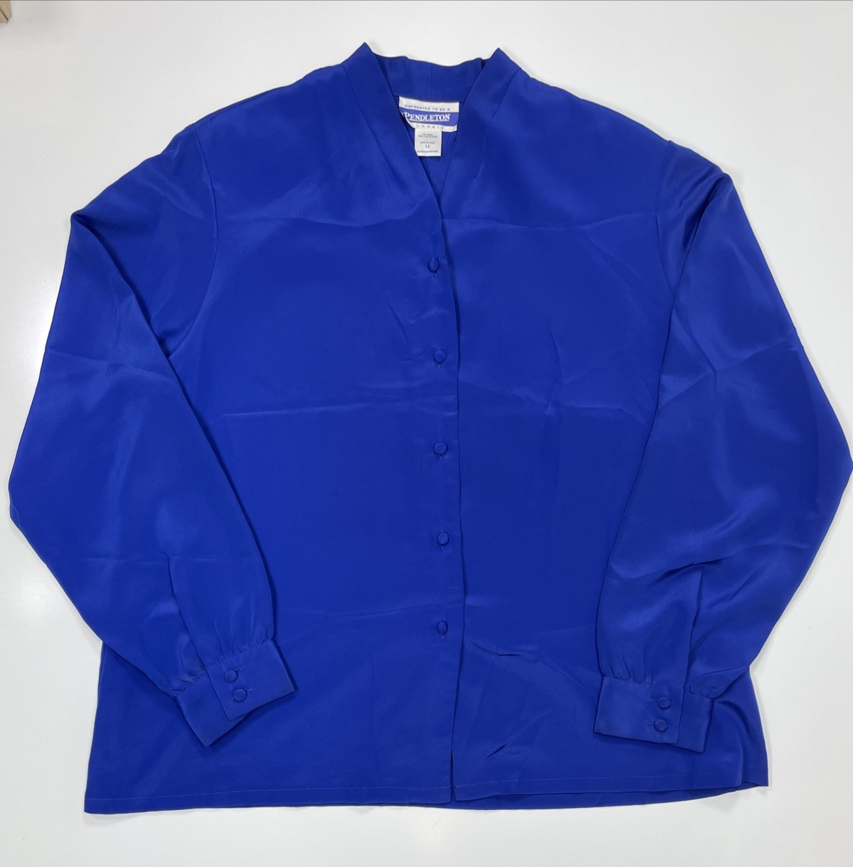 VTG Pendleton Women’s Polyester Button Down Blue Blouse Shoulder Pads Size 16