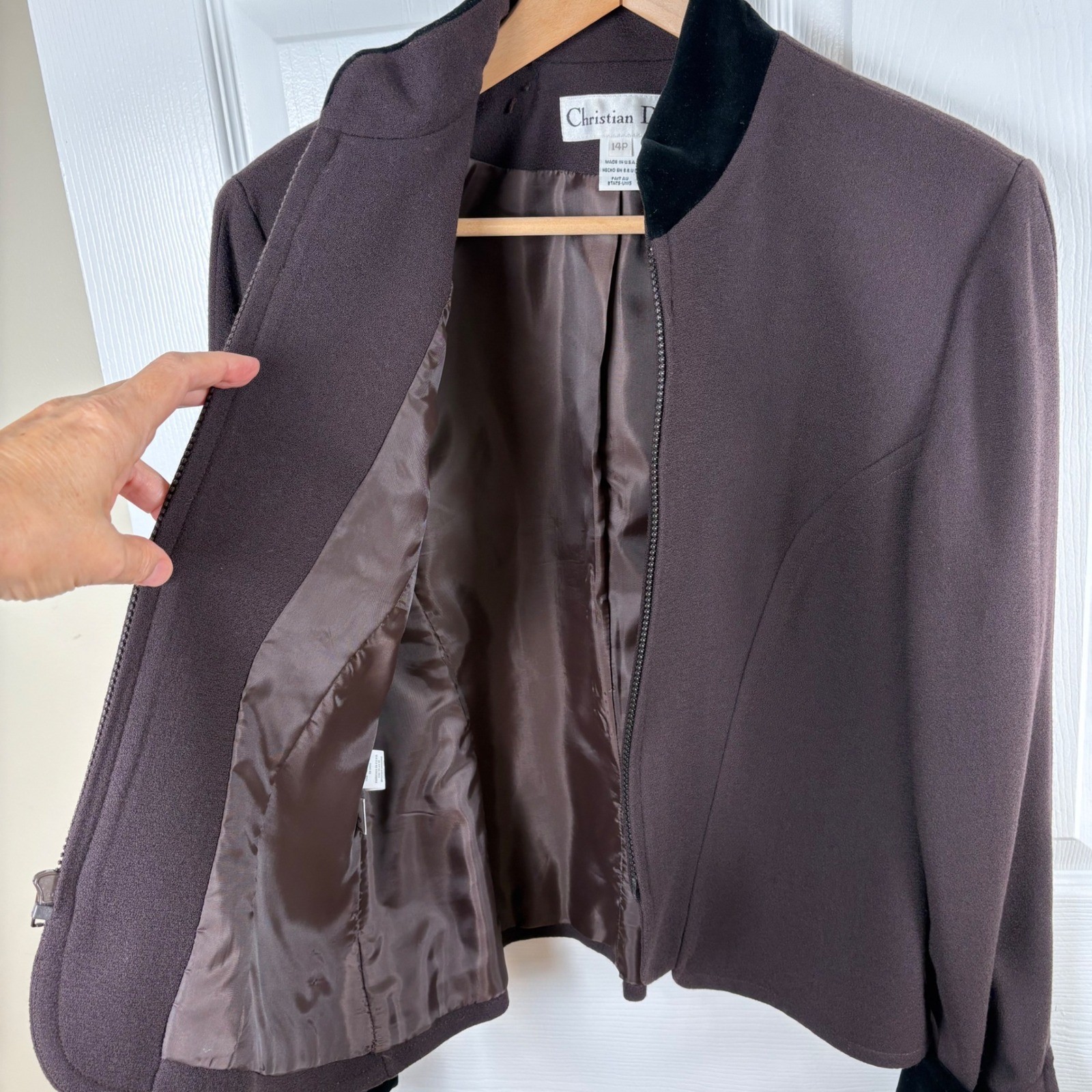Vtg Christian Dior Skirt Suit 14P Brown Wool Velvet Trim Zip Jacket Luxury