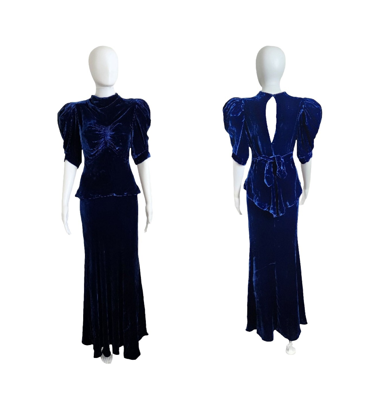 Vintage 1930-40s Blue Velvet Puff Sleeve Maxi Gown Dress XS Read*