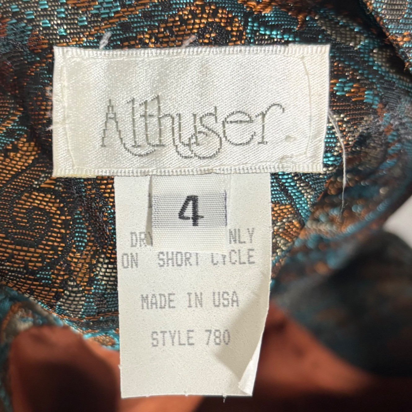 Althuser Vintage 100% Silk Paisley Brocade V-Neck Sheath Dress Teal Copper 4