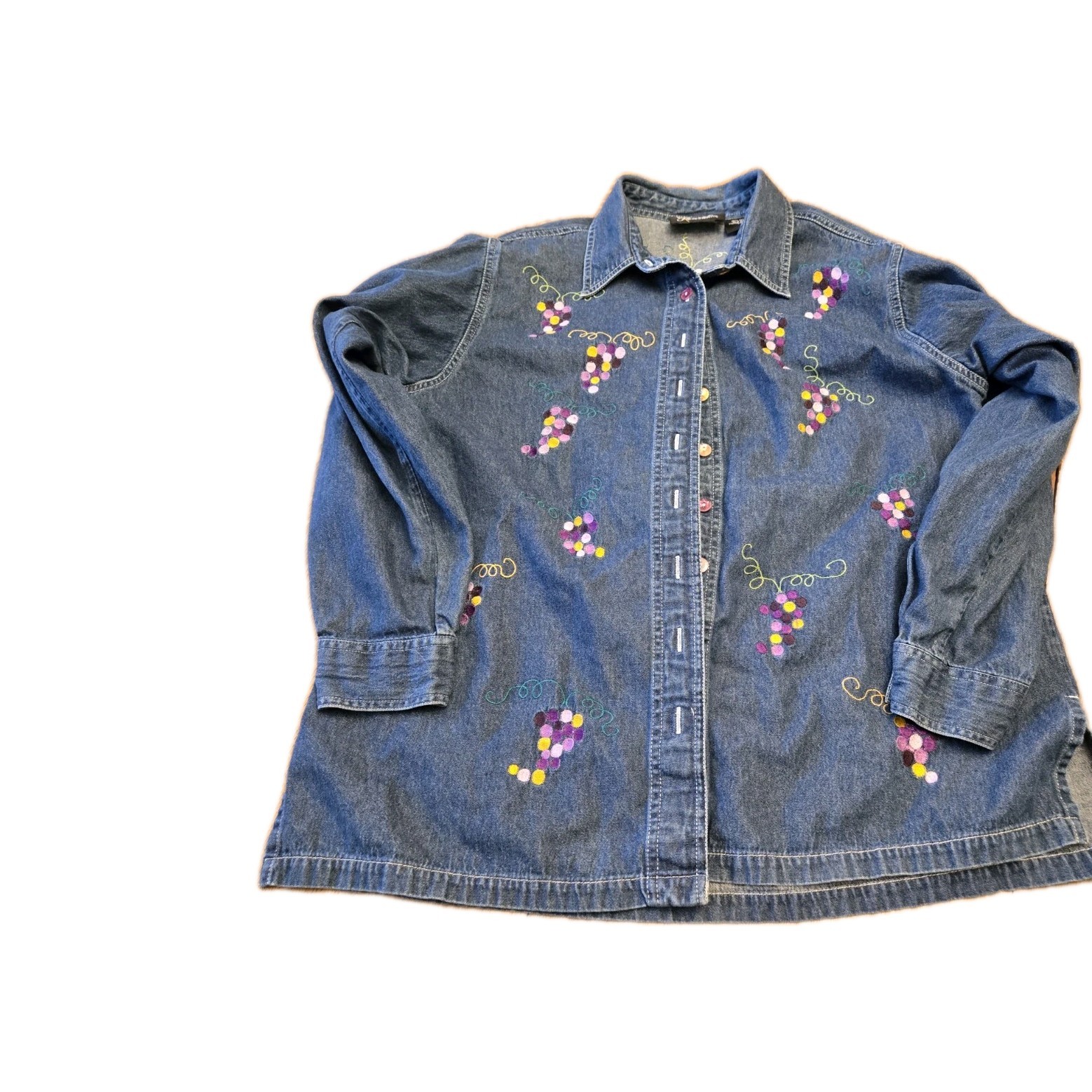 Silver Threads Vintage Embroidery Jean Shirt Large Multicolor Grapes Size LARGE