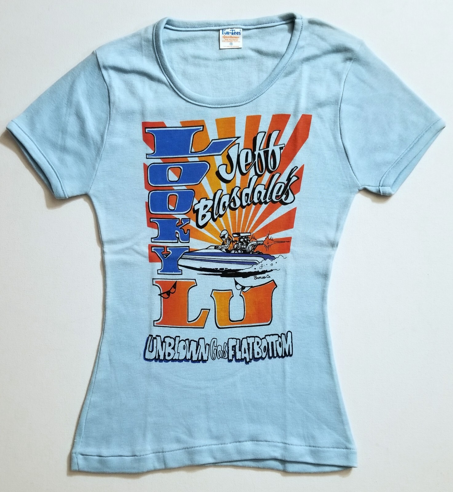 VTG 1980s DRAG BOAT RACING FUN TEES T-SHIRT V NECK WOMAN MEDIUM M TOP BLUE JET