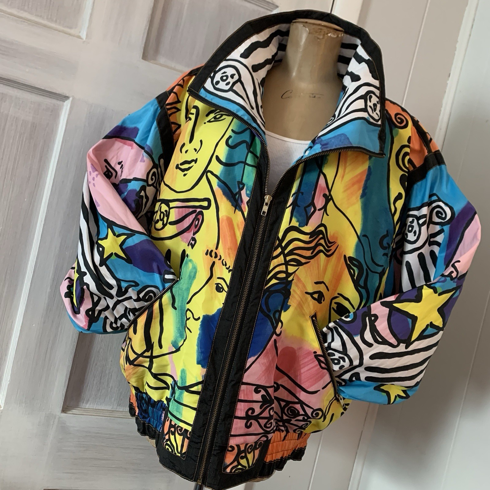 Vintage Jacket Giacca Sport Picasso-style multicolor abstract print Zipper Sz L
