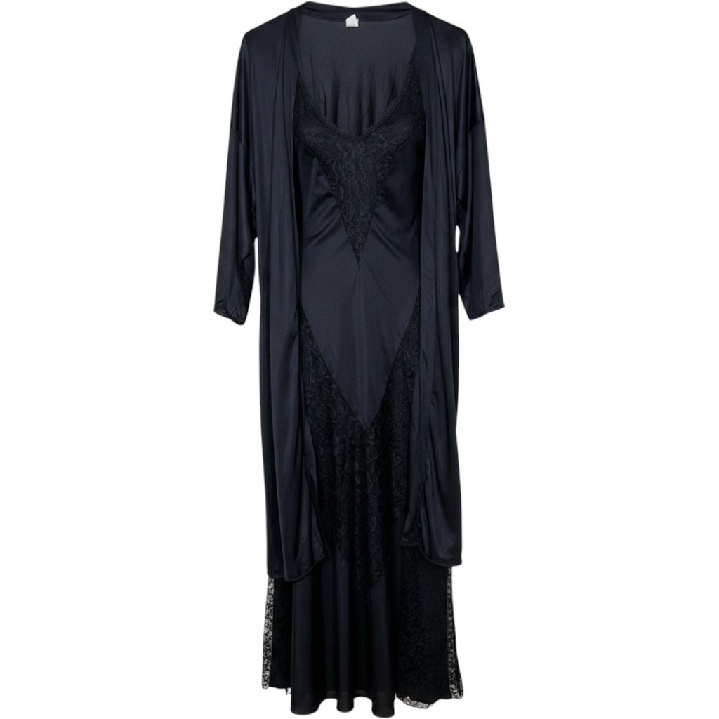 Petra Fashions Vintage Black Lace Trim Nightgown and Robe Set XL Made in USA